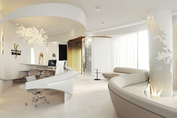 Bright reception with a curved desk