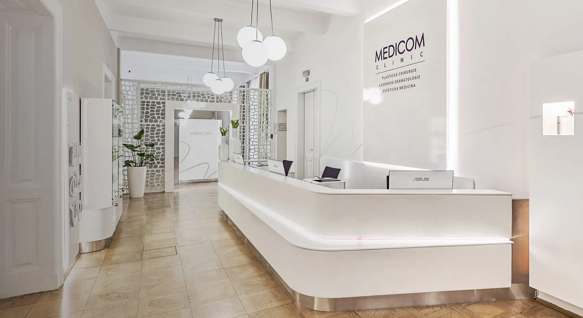 Bright reception with a white desk